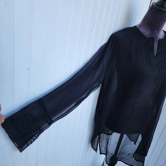 I.G. Sport Black Airy Sheer Polyester Gauze Tunic Top Embroidery Blouse India XL - Picture 2 of 11